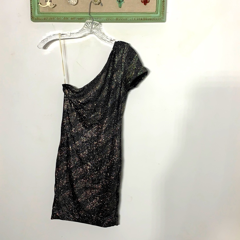 Vintage Guess Marciano Glitter 1 Shoulder mini dress black silver sparkle small